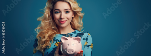 A happy Caucasian woman in a blue casual jumper holds a pink piggy bank on a blue background. Created with Generative AI technology.
