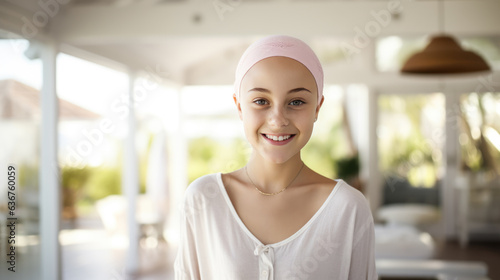 Little girl cancer patient smiling on blurred background. Created with Generative AI technology.