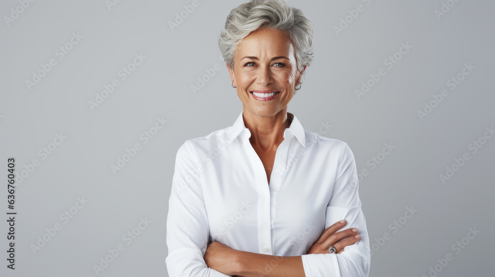 Successful businesswoman with crossed arms stands on a gray background. Successful businesswoman with crossed arms stands on a gray background.