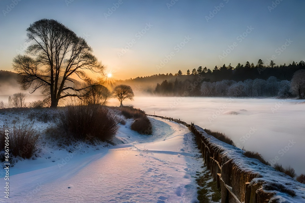 Mist Fog frost in mid-winter, Sherbrook Valley, Cannock Chase Country Park AONB area of outstanding natural beauty