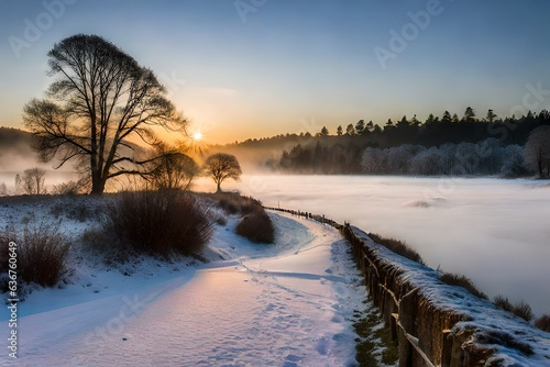 Mist Fog frost in mid-winter, Sherbrook Valley, Cannock Chase Country Park AONB area of outstanding natural beauty photo
