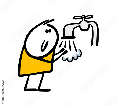 Cartoon stick figure man washes his hands and water pours from the tap. Vector illustration of stickman clean and virus protection.