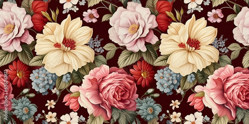Seamless pattern of mixed bouquets with flowers from the Victorian era in romantic tones. Concept: Recollections of innocence