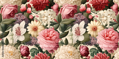 Seamless pattern of mixed bouquets with flowers from the Victorian era in romantic tones. Concept  Victorian flower reverie