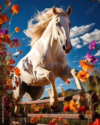 A horse jumping over a fence in a meadow. © HandmadePictures