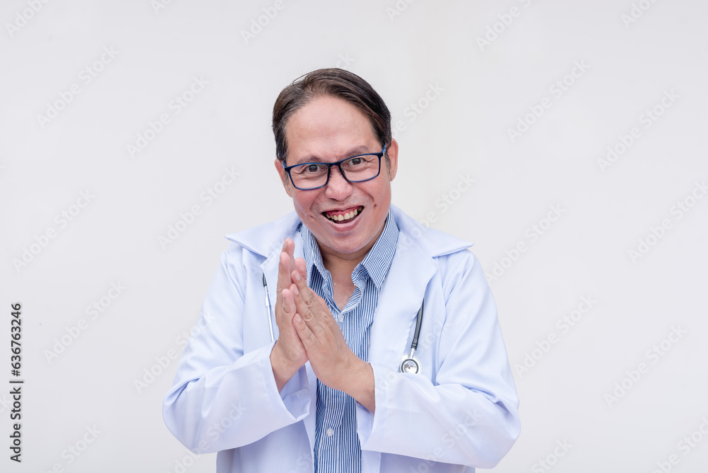 An evil, corrupt and mad doctor rubbing his hands together, relishing his money laundering scheme. A scam or quack doctor of asian descent, middle aged male. Isolated on a white background. - obrazy, fototapety, plakaty 