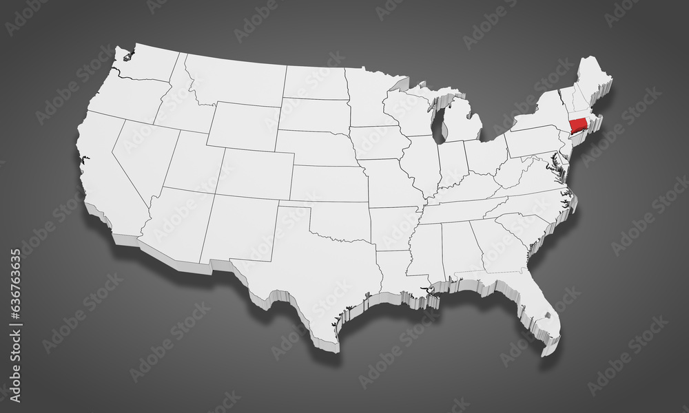 Connecticut State Highlighted on the United States of America 3D map. 3D Illustration