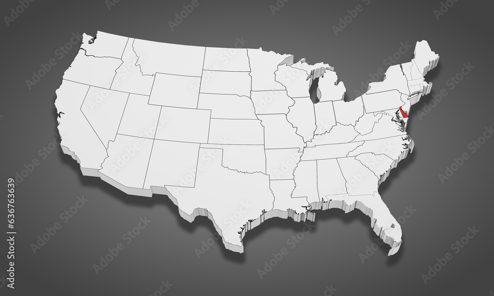 Obraz premium Delaware State Highlighted on the United States of America 3D map. 3D Illustration