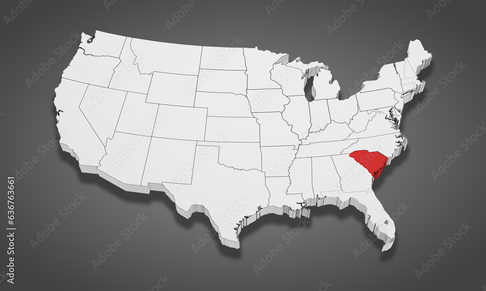 South Carolina State Highlighted on the United States of America 3D map. 3D Illustration