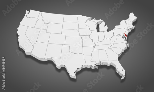 Delaware State Highlighted on the United States of America 3D map. 3D Illustration