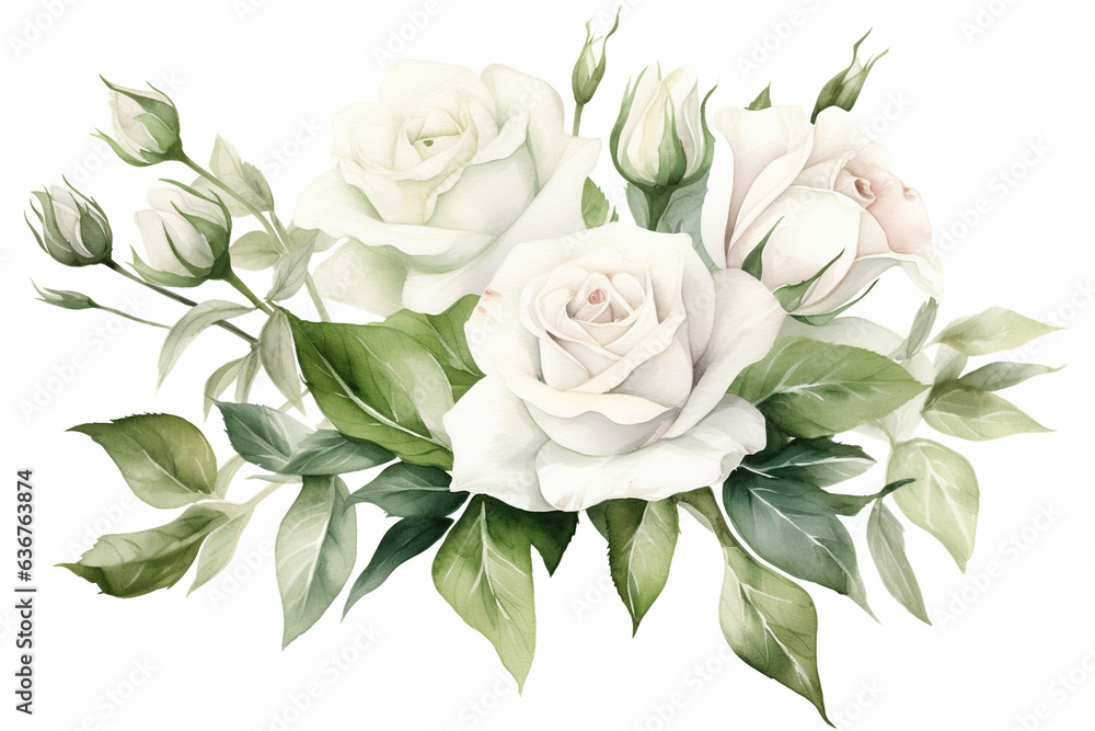 elegant white roses, bouquet, roses watercolor clipart, white background
