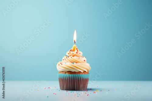 Creative birthday cupcake, minimalism, high realism, bright background, reality, professional photography, balanced lighting