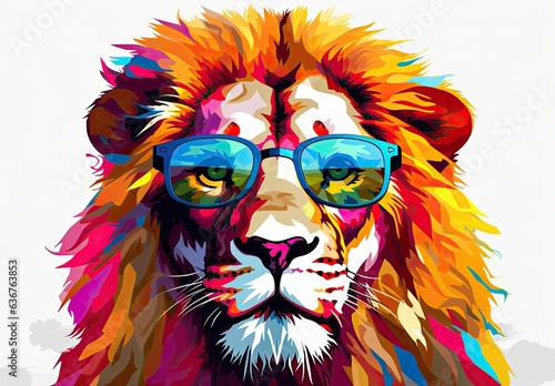 The muzzle of a stylish lion posing in sunglasses is painted with watercolors. Close portrait of leo. Digital art. Illustration for cover, card or printable design for t-shirts, bags, cases, etc.
