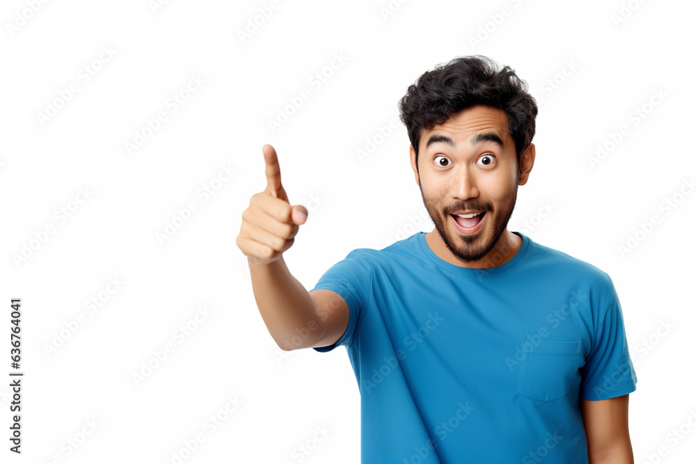 photo surprised happy bearded asian man in blue t shirt pointing away on white background photo surprised happy bearded asian man in blue t shirt pointing away on white background