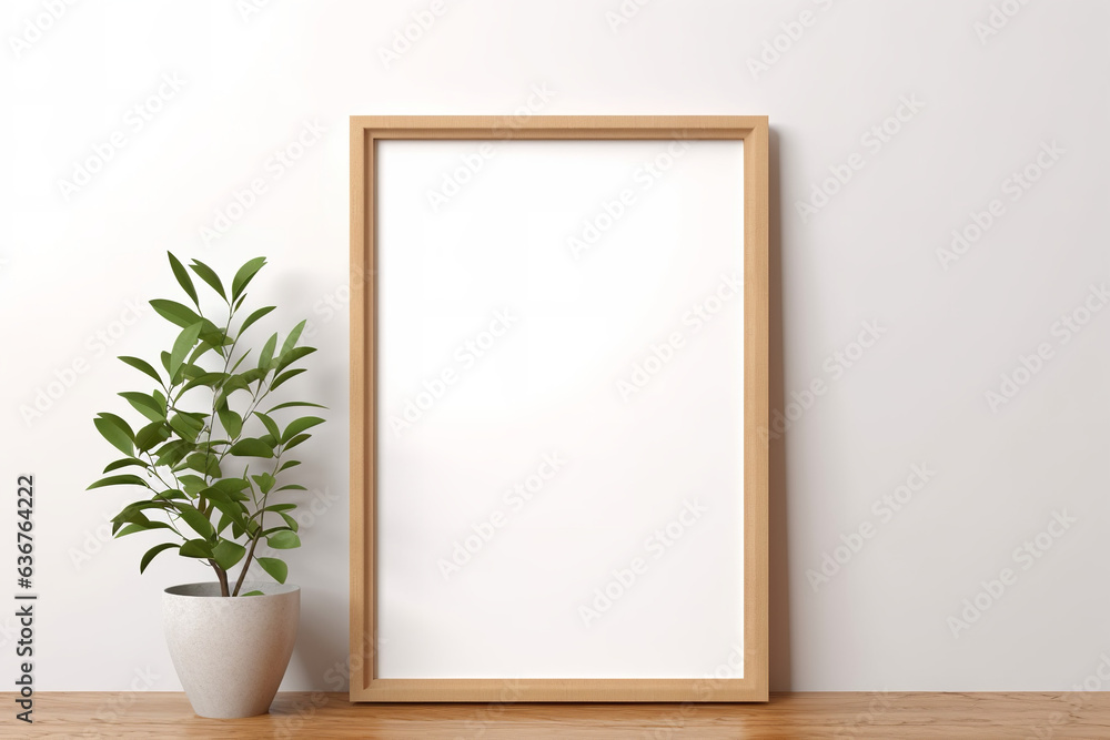 white wall with a wooden frame with white poster surrounded by plants and a frame mockup, in the style of precisionist style, minimalist grids, large-scale canvas, online sculpture white wall with a wooden frame with white poster surrounded by plants and a frame mockup, in the style of precisionist style, minimalist grids, large-scale canvas, online sculpture