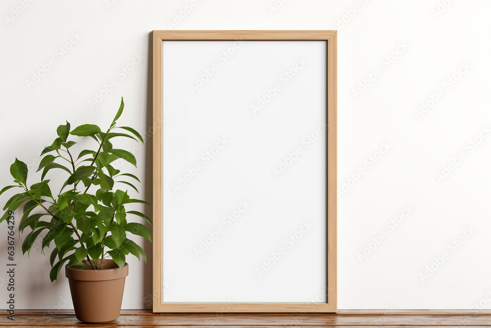 white wall with a wooden frame with white poster surrounded by plants and a frame mockup, in the style of precisionist style, minimalist grids, large-scale canvas, online sculpture white wall with a wooden frame with white poster surrounded by plants and a frame mockup, in the style of precisionist style, minimalist grids, large-scale canvas, online sculpture