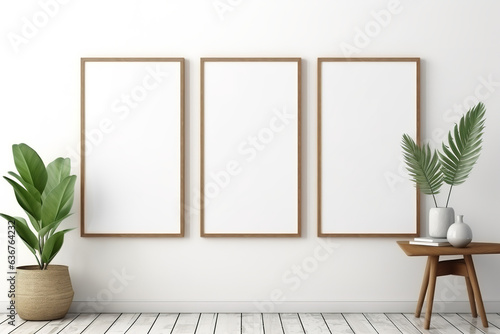 white wall with a wooden frame with white poster surrounded by plants and a frame mockup, in the style of precisionist style, minimalist grids, large-scale canvas, online sculpture © Nate