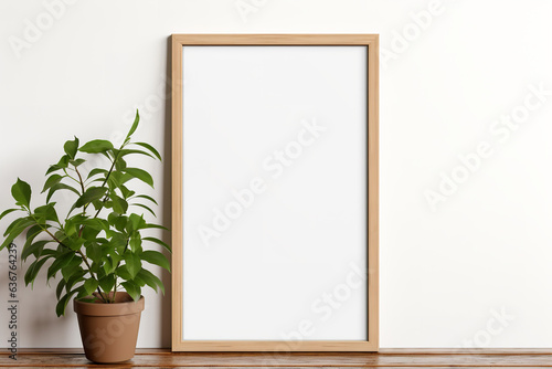 white wall with a wooden frame with white poster surrounded by plants and a frame mockup, in the style of precisionist style, minimalist grids, large-scale canvas, online sculpture