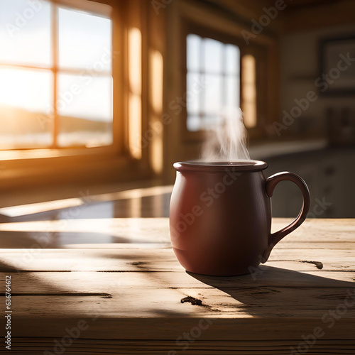 A Mug Containing a Steaming Hot Beverage, on a Wooden Countertop, Backlit by Sunlight 