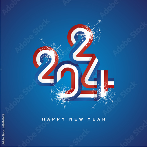 2024 New Year continuous ribbon in the shape of 2024. Abstract red white blue flag of Netherlands in the shape of 2024 logo with sparkle firework © simbos