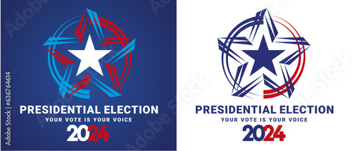 USA Presidential Election 2024. USA star with american flag colors and symbols logo. Voting Day 2024 Election in USA, Political election campaign emblem on blue and white background