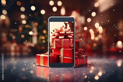 Online application for buying Christmas gifts. Online shopping concept. Christmas gifts on the smartphone screen. photo