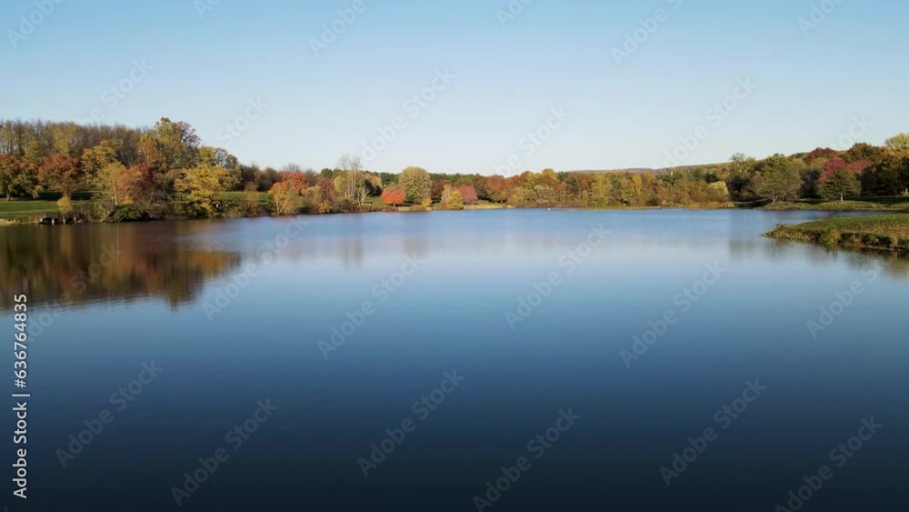 Aerial of a calm lake surrounded by green trees on a sunny day Aerial of a calm lake surrounded by green trees on a sunny day