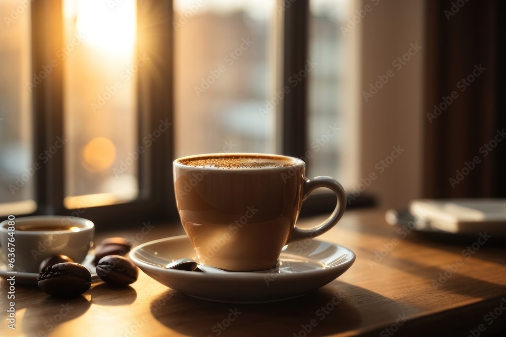 cup of coffee on the table sunrise cup of coffee on the table sunrise