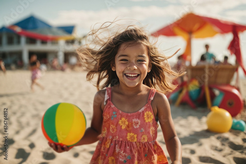 child playing with ball on beach