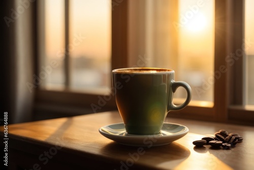 morning cup of coffee on table in the sunrise