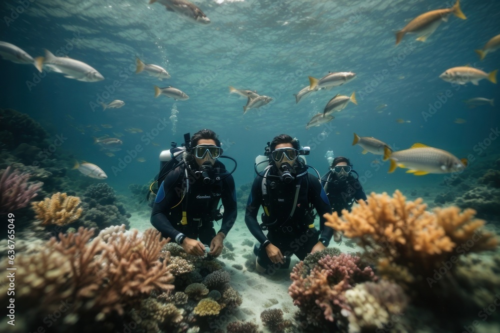Fototapeta premium Fishy Encounter: Divers Amidst a Colorful Underwater Habitat