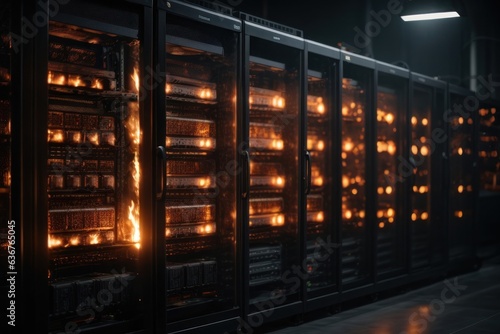 "Glowing Server Farm, Red Lights Amidst Darkness