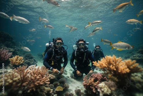 Fishy Encounter: Divers Amidst a Colorful Underwater Habitat
