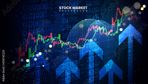 Successful stock market statistical information with up arrows. Financial yield curves, bond data, trading charts, and uptrend line candlestick graphs on a monitor