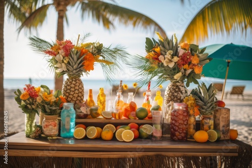Tropical summer cocktails and fruits on a pult