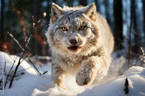 A Canada Lynx gracefully leaping through a snowy forest clearing.