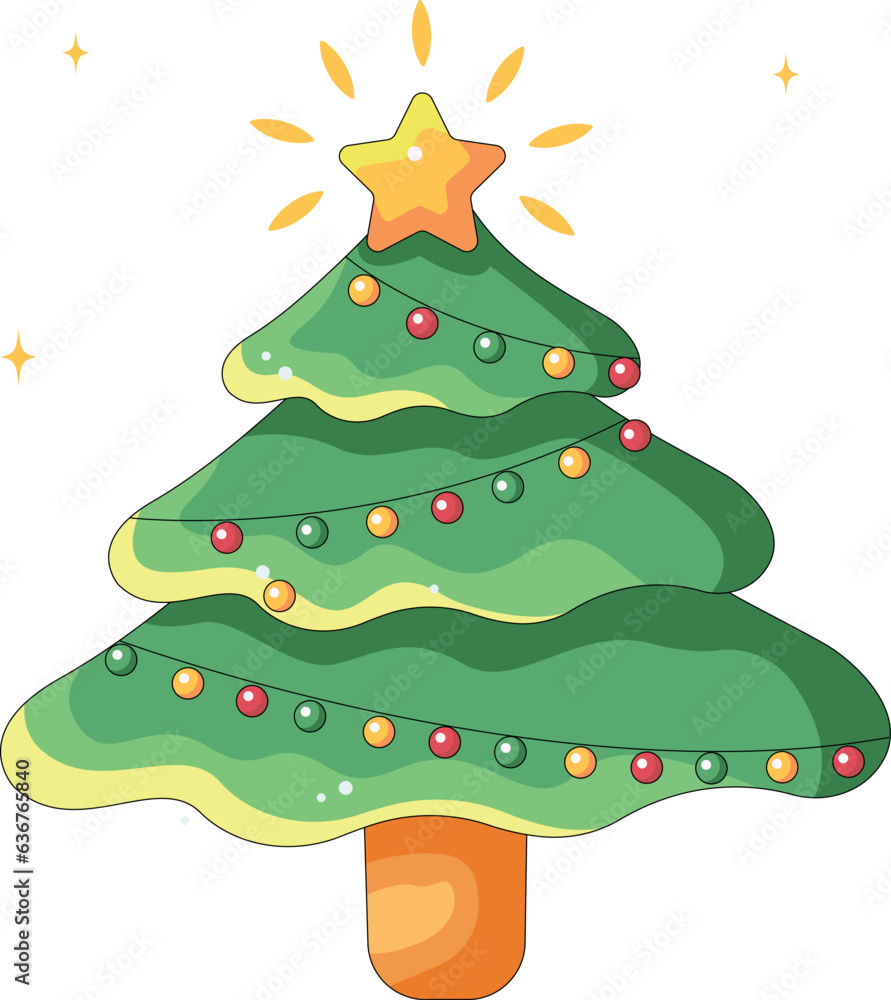 The Christmas tree is decorated with a star, decorative balls and a chain of light bulbs, in a colorful cartoon flat style. Merry Christmas and Happy New Year. The Christmas tree is decorated with a star, decorative balls and a chain of light bulbs, in a colorful cartoon flat style. Merry Christmas and Happy New Year.