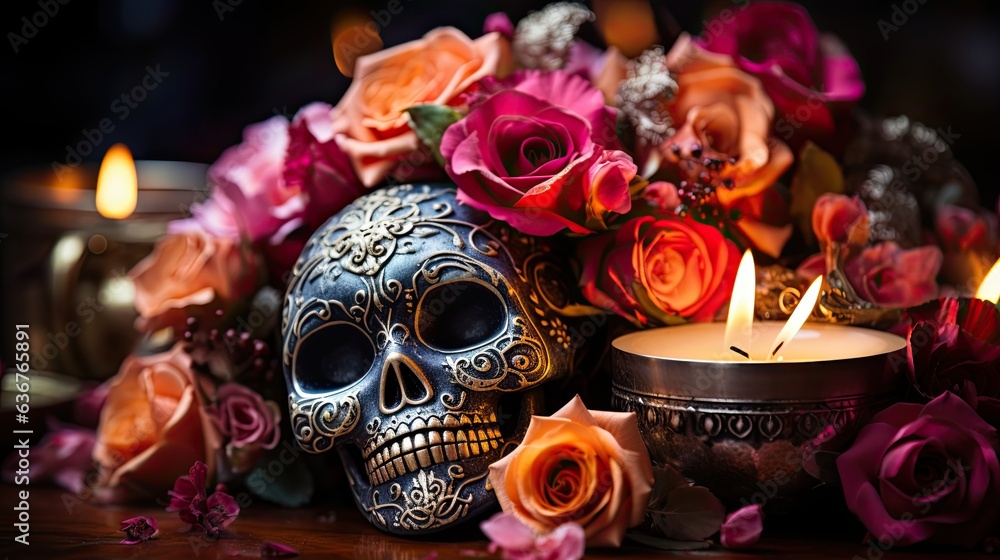 Silver skull with candles and flowers - day of the dead