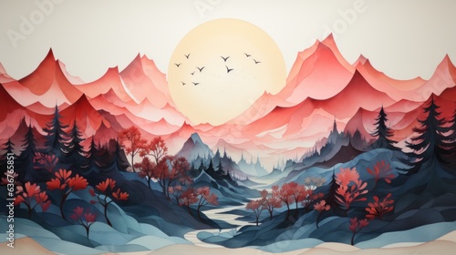 Mountain Peaks minimalist watercolor landscape art  © Solis