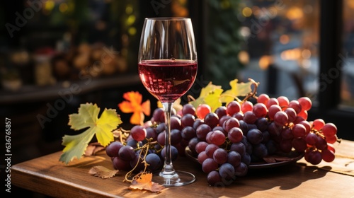 red wine and grapes - glass of Red Wine with Autumn Vine Leaves in Rustic Setting