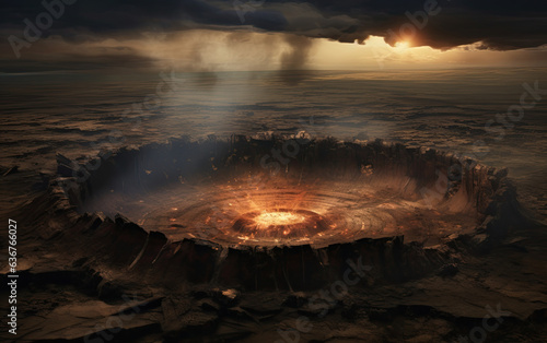 Dramatic representation of a crater created after the impact of a meteorite