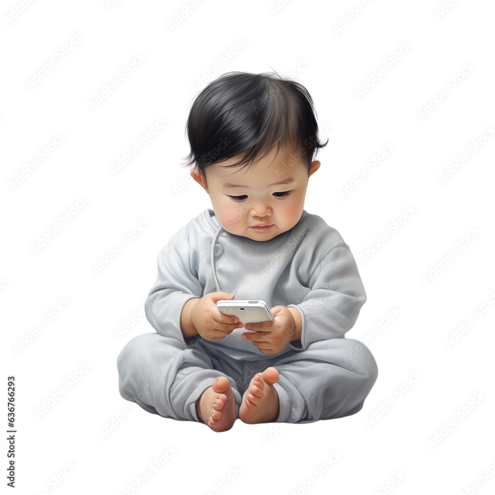 Illustration of a baby playing with a smartphone, IA generated Illustration of a baby playing with a smartphone, IA generated