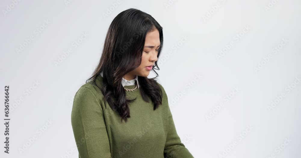 Headache, stress and thinking with woman in studio for anxiety, burnout and challenge. Mental health, sad and mistake with person and crisis on white background for failure, frustrated and tired