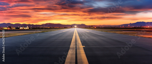 Sunset on an empty airport runway. Generative AI © Denniro