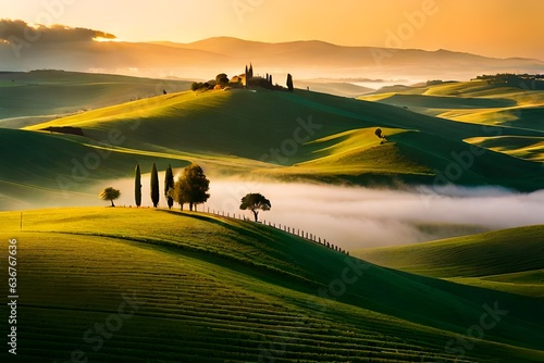 Tuscany landscape at sunrise, Val d'orcia, Italy