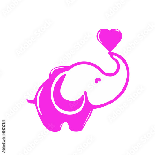 Vector illustration of a cartoon baby elephant in purple color with a heart on its trunk