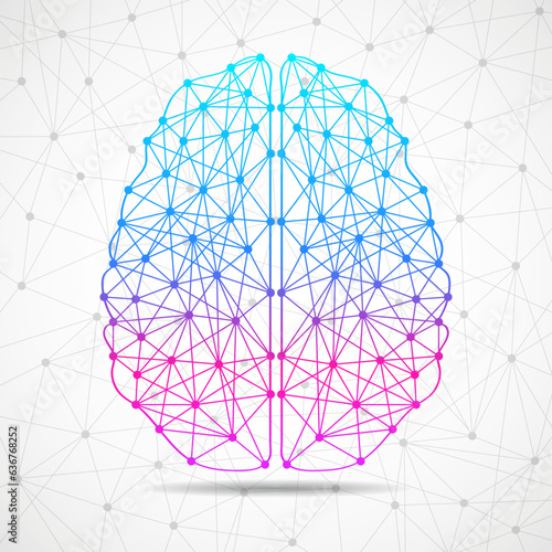 Abstract human brain of lines and dots, polygonal wireframe. Vector illustration photo