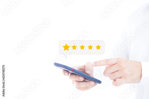 Customer rating five stars via smartphone, customer experience concept The best service for satisfaction