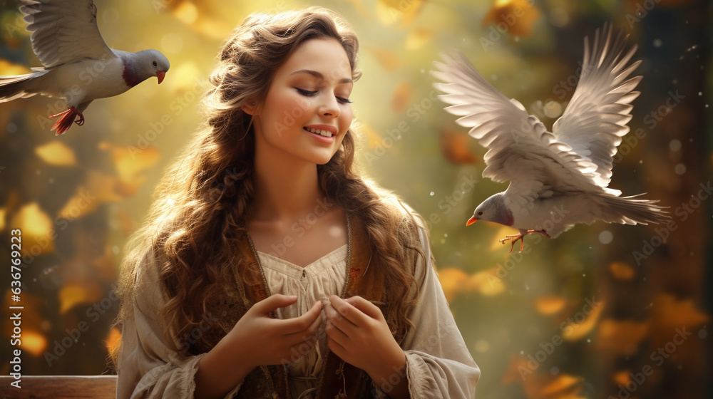Portrait of smiling woman and cute bird praying and enjoying together in nature forest with beautiful sunlight sunset, Bird flying out of lady hand, Freedom lifestyle and hope concept, AI Generated - obrazy, fototapety, plakaty 