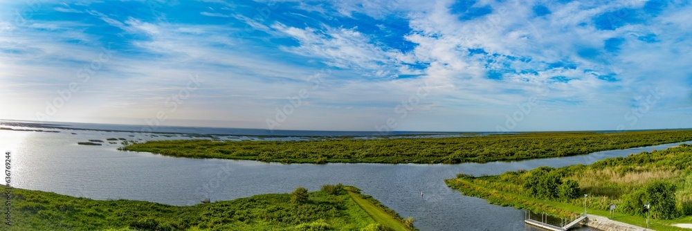 View of Lake Okeechobee surrounded by lush greenery in Florida, the United States